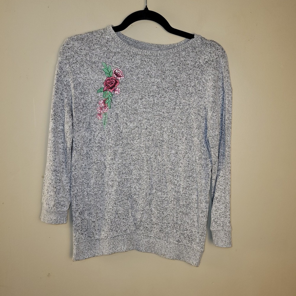 Girls XL Heather Gray Marled Knit Sweater Pink Rose Floral Embroidery 891168K